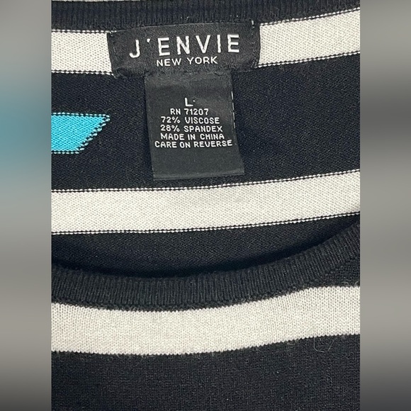 J Envie New York Women’s 3/4 Quarter Sleeve Sweater Black Turquoise Striped Sz L - Picture 6 of 6